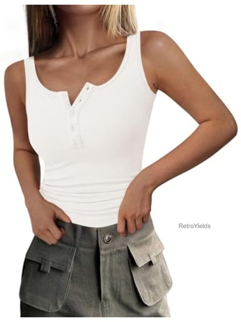 Women's Sleeveless Henley Tank Top - Slim Fit Ribbed Knit, Button Accents